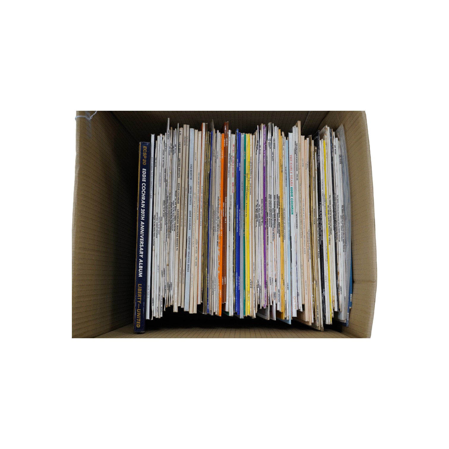 Ninety-six Eddie Cochran LP record albums, including some later pressings of early albums on Liberty labels etc.; 20th anniversary box set, 15th anniversary album, On the Air, My Way, Cherished Memories, the Eddie Cochra